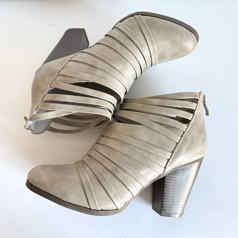 JC Grey Women's Strappy Heeled Ankle Boots Block Heel - Taupe Size 10 - Picture 4 of 13